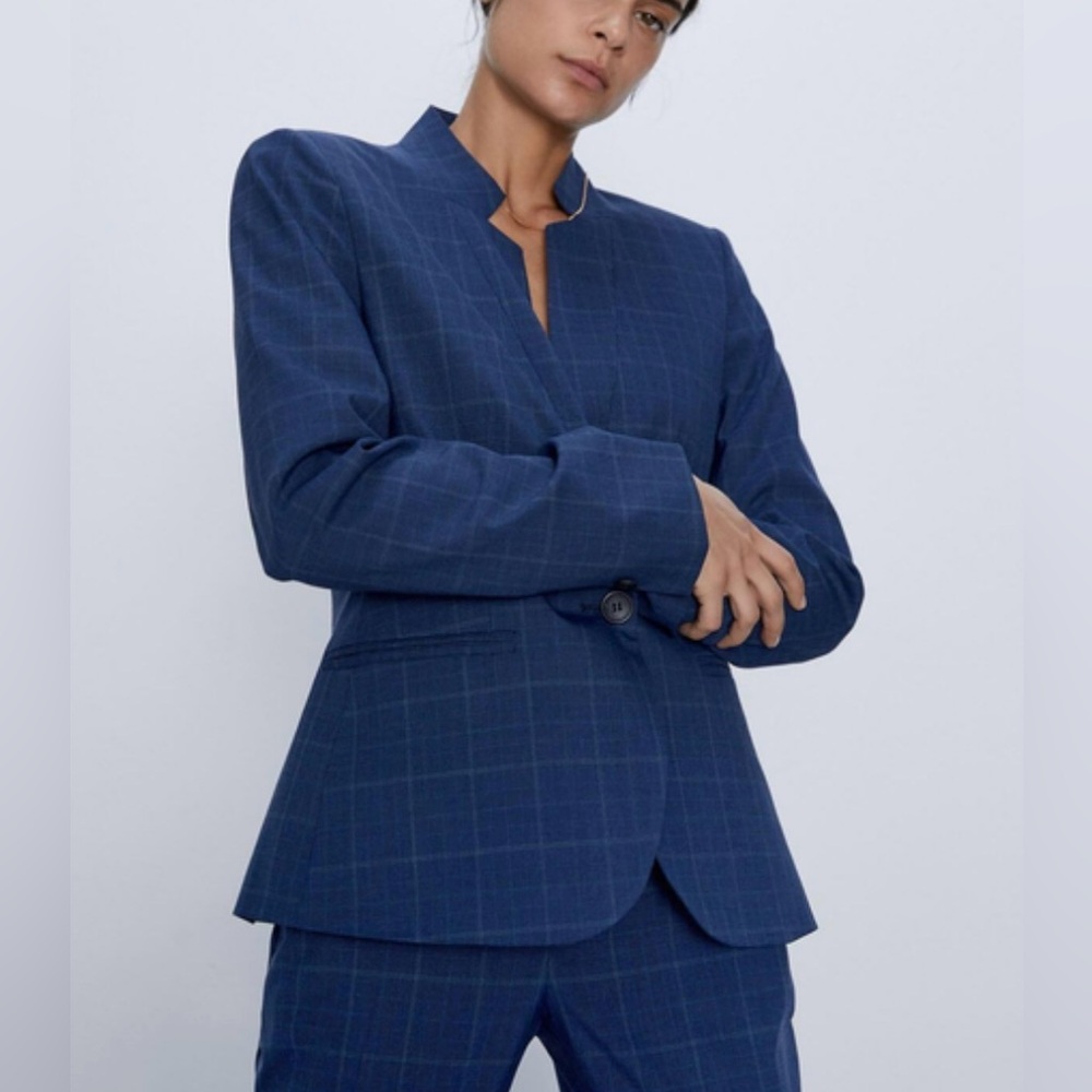 Zara Navy Plaid Collarless Blazer